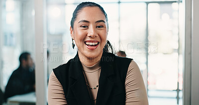 Buy stock photo Happy, professional and face of businesswoman in office with confidence for law career growth. Smile, legal job and portrait of Asian female attorney with pride for company about us in workplace.