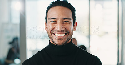Buy stock photo Finance, portrait or Asian man in office with smile, pride or ambition as funding advisor. Happy, flare or investment consultant in agency with about us, confidence or experience in risk management.