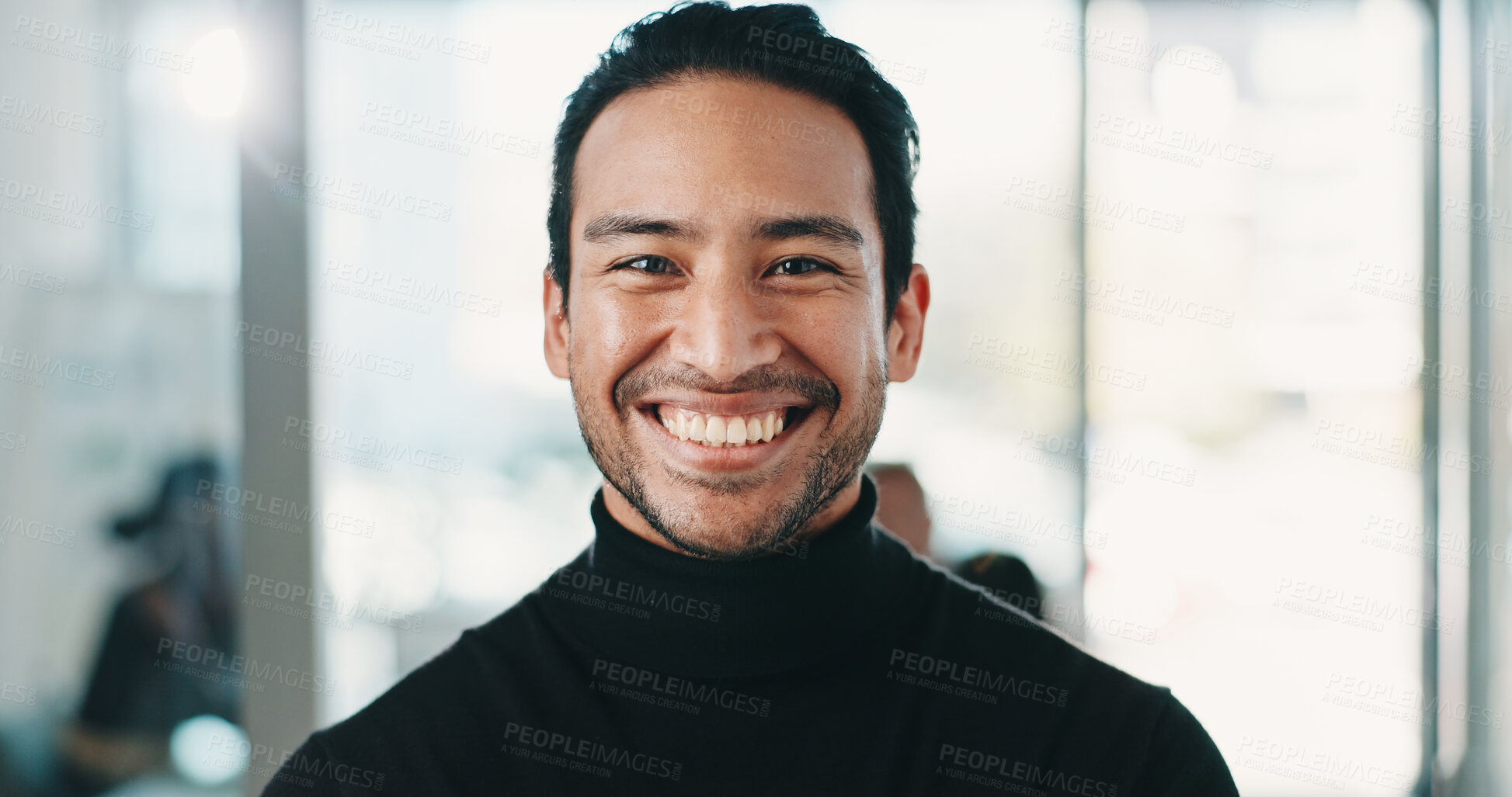 Buy stock photo Finance, portrait or Asian man in office with smile, pride or ambition as funding advisor. Happy, flare or investment consultant in agency with about us, confidence or experience in risk management.