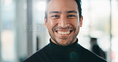 Buy stock photo Finance, portrait or Asian man in workplace with smile, pride or ambition as funding advisor. Happy, flare or investment consultant in firm with about us, confidence or experience in risk management.