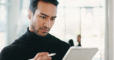 Buy stock photo Tablet, reading and businessman in office with research for finance report with budget plan. Digital technology, pen and financial manager with email for feedback on investment proposal in workplace.