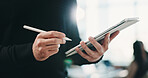 Tablet, pen and businessman in office with research for finance report with budget plan. Digital technology, stylus and financial manager with email for feedback on investment proposal in workplace.