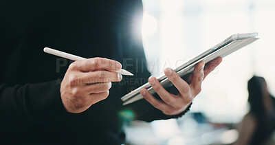 Buy stock photo Tablet, pen and businessman in office with research for finance report with budget plan. Digital technology, stylus and financial manager with email for feedback on investment proposal in workplace.