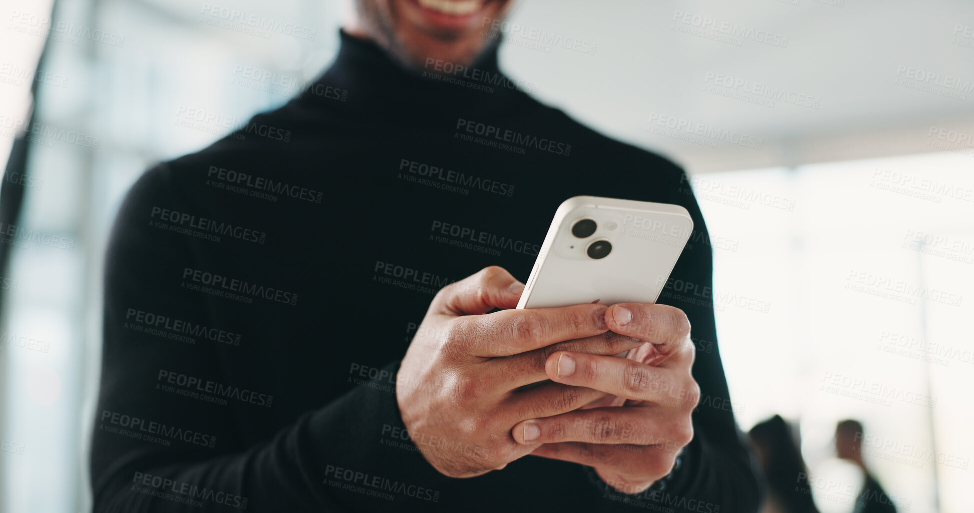 Buy stock photo Hands, corporate and man with phone in office for research, browsing website and property price. Smile, male person and mobile to schedule viewing, contact client and buyer inquiry for resale auction
