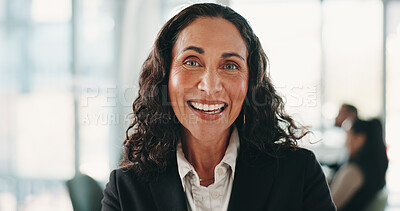 Buy stock photo Smile, professional and portrait of mature businesswoman in office with confidence for law career growth. Happy, legal job and female attorney with pride for company about us at workplace in Brazil.