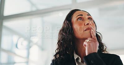 Buy stock photo Business, woman and thinking of idea in office, problem solving or financial solution. Mature accountant, reflection and person in workplace for insight, perspective and decision for corporate audit
