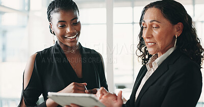 Buy stock photo Reading, discussion and women with tablet in office, trend research and investment opportunity proposal. Smile, manager and advisor with economic report for feedback, tech and review market indicator