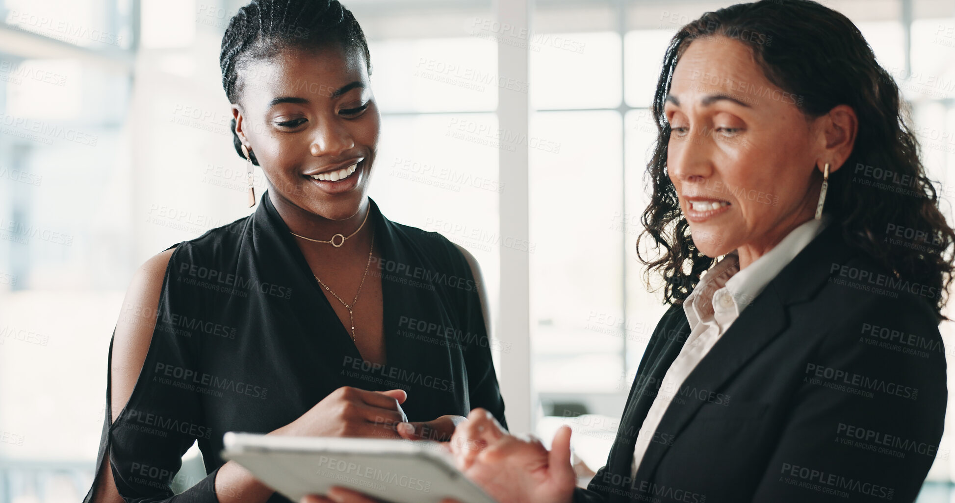 Buy stock photo Reading, discussion and women with tablet in office, trend research and investment opportunity proposal. Smile, manager and advisor with economic report for feedback, tech and review market indicator