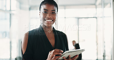 Buy stock photo Finance, portrait and tablet with business woman in office boardroom for meeting or research. App, planning and smile of employee person in financial workplace for investment or wealth management