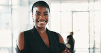 Happy, professional and face of black woman in office with confidence for law career growth. Smile, legal job and portrait of African female attorney with pride for company about us in workplace.