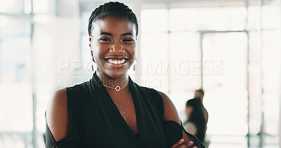 Buy stock photo Happy, professional and portrait of black woman in office with confidence for law career growth. Smile, legal job and African female attorney with pride for company about us at workplace in Nigeria.