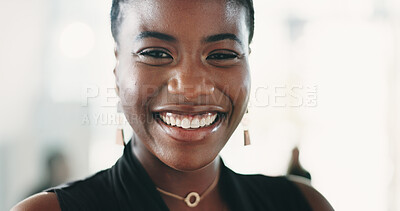Buy stock photo Finance, portrait or black woman in office with happiness, career or ambition as funding advisor. Space, smile or investment consultant with about us, confidence or experience in risk management.