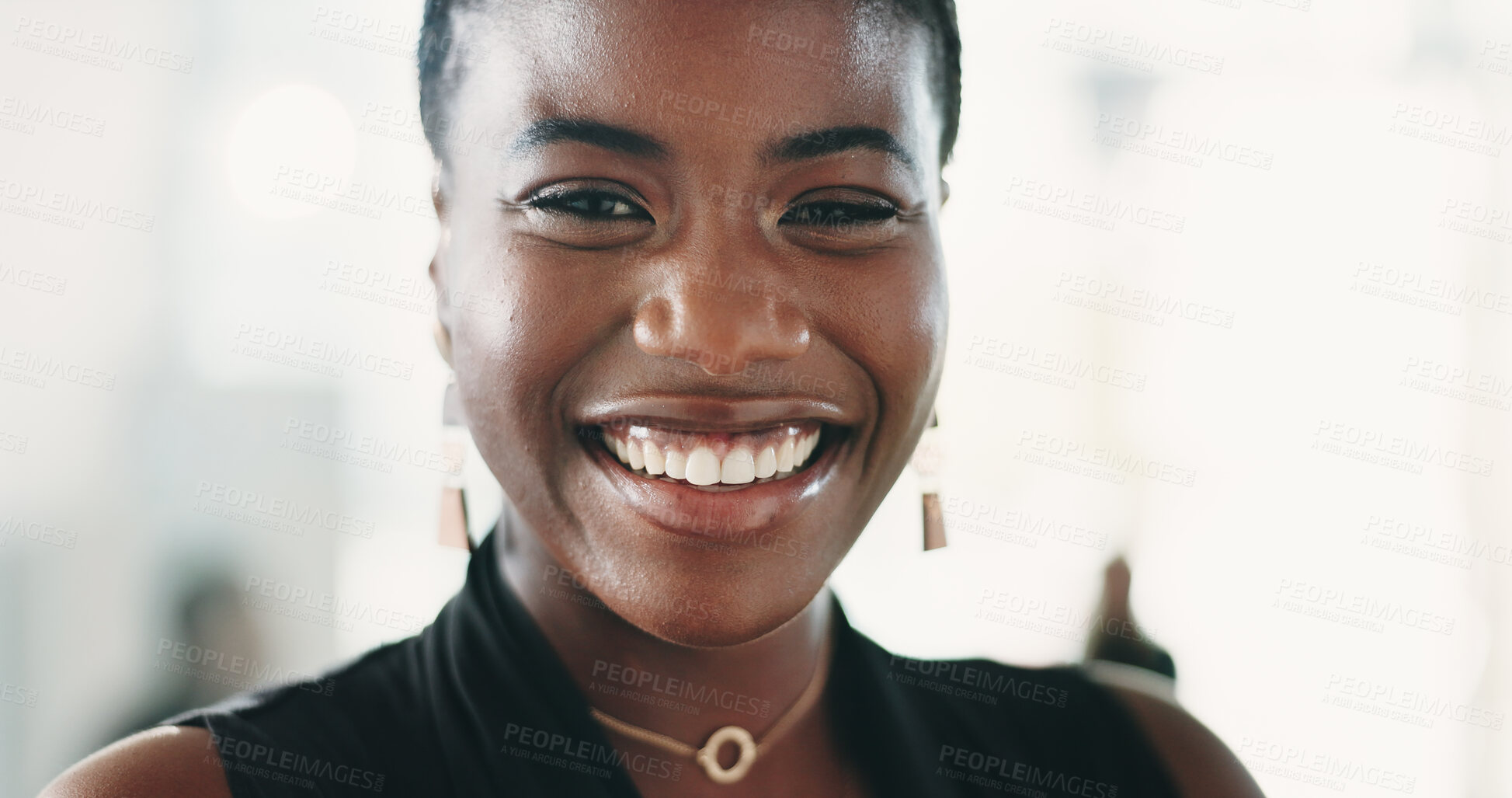 Buy stock photo Finance, portrait or black woman in office with happiness, career or ambition as funding advisor. Space, smile or investment consultant with about us, confidence or experience in risk management.
