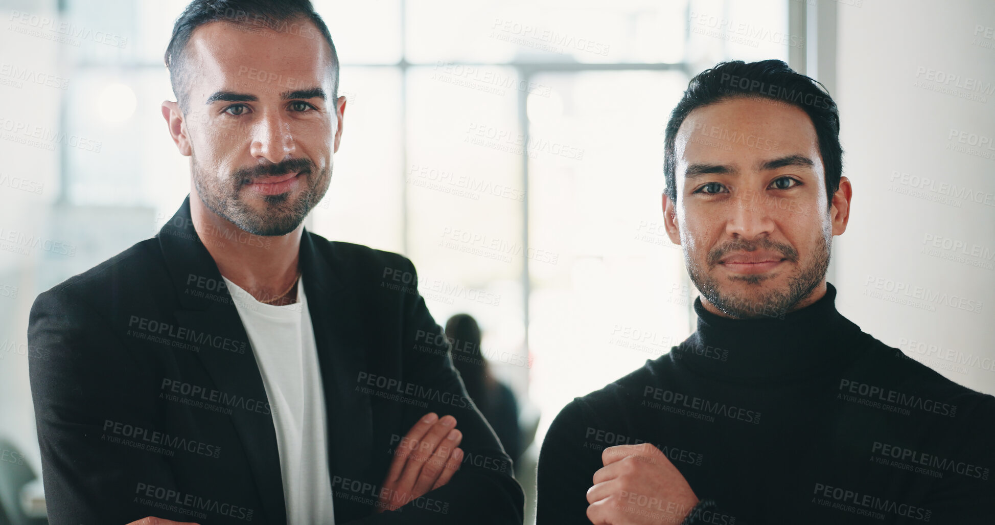 Buy stock photo Portrait, business and people with confidence in office for career pride, about us and real estate. Smile, men and realtor team with ambition for auction opportunity, listing and property development