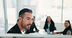 Finance, meeting and presentation with business man teaching colleagues in office boardroom. Coaching, development and whiteboard with employee team in financial workshop for wealth management