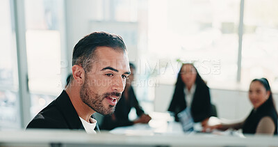 Buy stock photo Finance, meeting and presentation with business man teaching colleagues in office boardroom. Coaching, development and whiteboard with employee team in financial workshop for wealth management