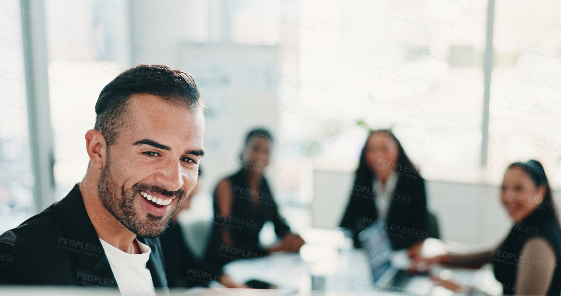 Buy stock photo Meeting, presentation and smile of financial man teaching colleagues in workplace boardroom. Coaching, development and whiteboard with happy employee in workshop for finance or wealth management
