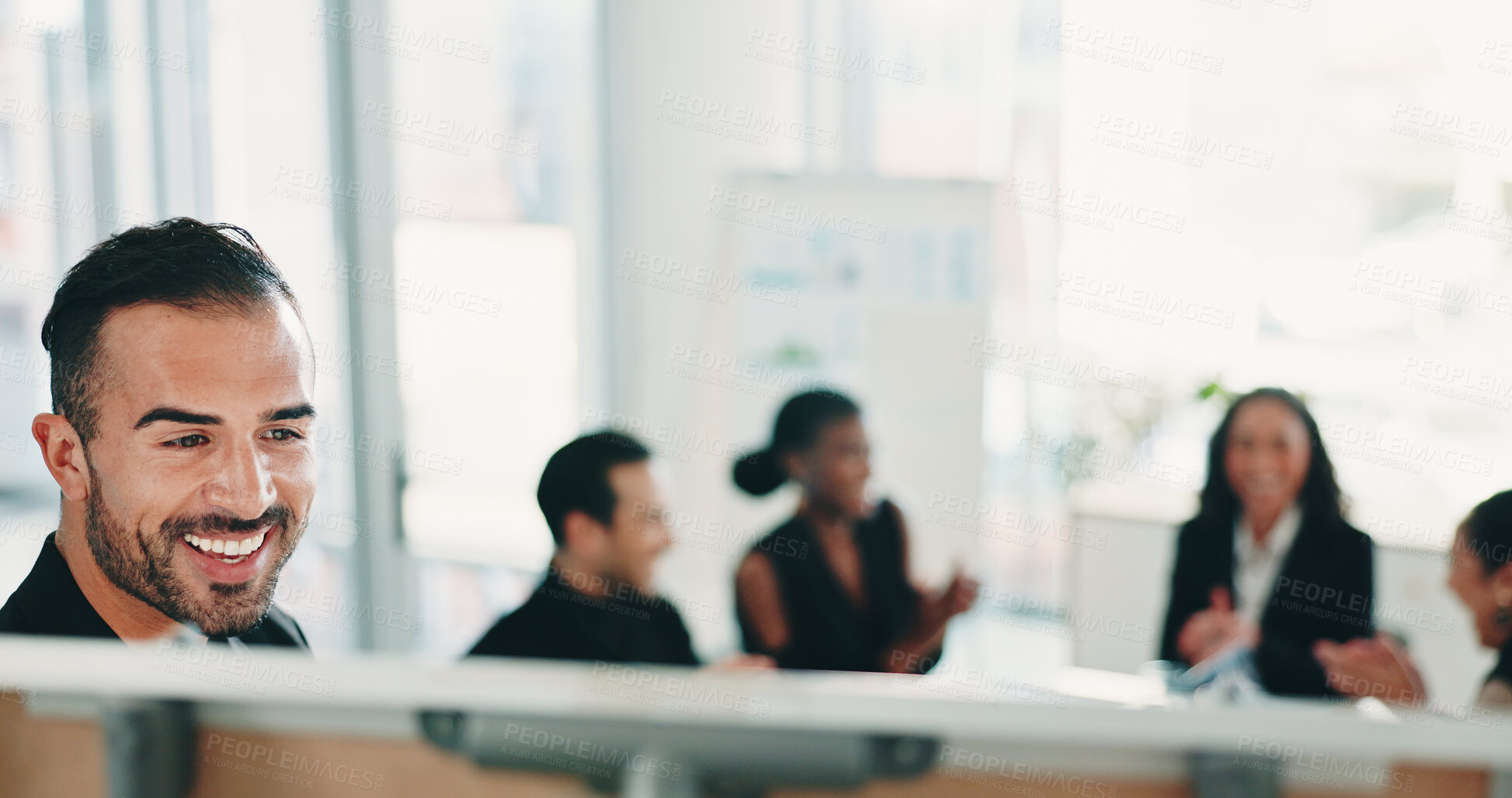 Buy stock photo Finance, presentation and smile of business man teaching colleagues in workplace boardroom. Coaching, development and whiteboard with happy employee in financial workshop for wealth management
