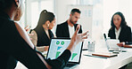 Accounting, woman and business people with laptop, meeting and manager for graphs discussion. Analysis, teamwork and communication with tech, growth strategy or project report for finance in office