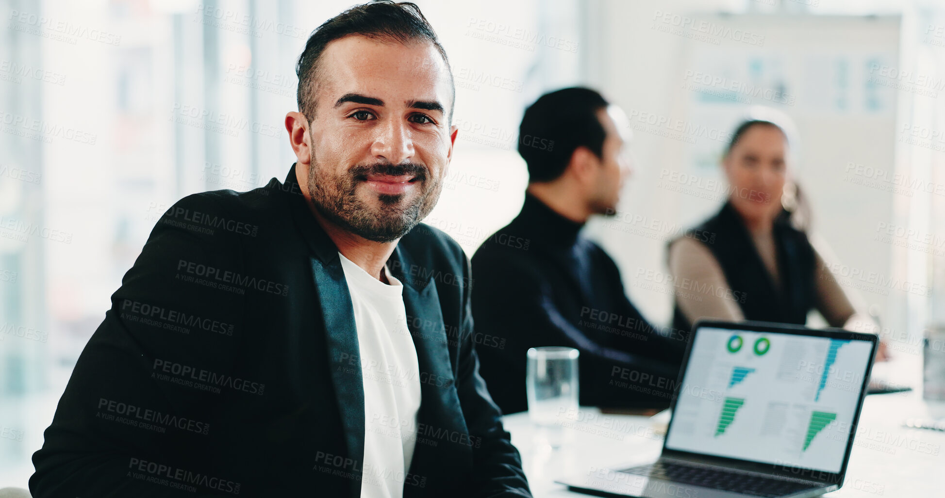 Buy stock photo Finance, laptop screen and portrait of business man in boardroom for meeting or teamwork. Computer, data and statistics with financial employee in corporate workplace for review of charts or graphs