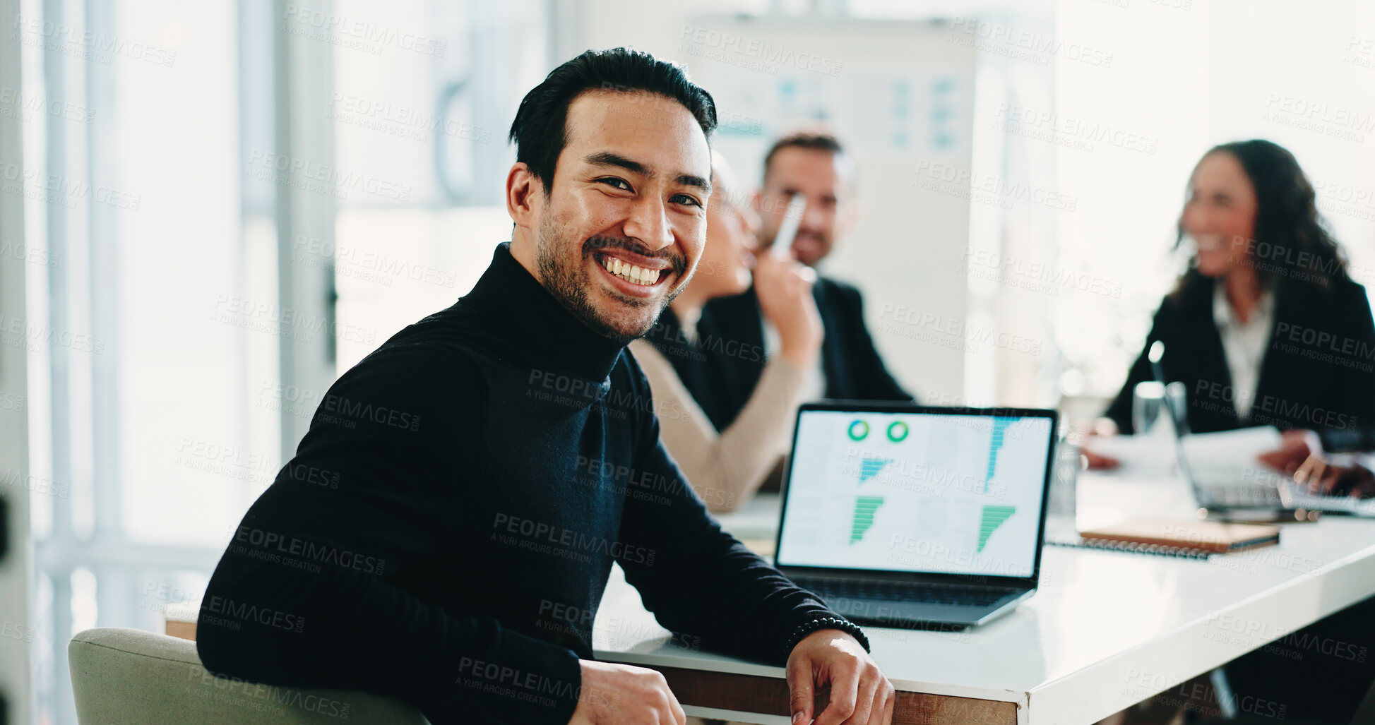 Buy stock photo Finance, laptop screen and portrait of accountant man in boardroom for meeting or teamwork. Accounting, computer and smile of financial employee in corporate workplace for review of charts or graphs
