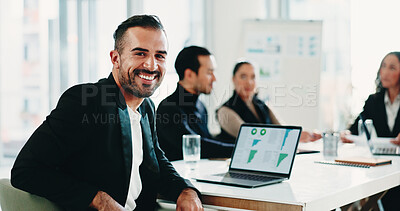 Buy stock photo Business, laptop screen and portrait of happy man in financial office for meeting or teamwork. Computer, finance and smile of employee in boardroom at work for review of charts, data or graphs