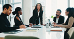 Accounting, woman and business people with presentation, meeting and manager for discussion. Group, teamwork and communication with tech, growth strategy or project report for finance in office
