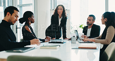 Buy stock photo Accounting, woman and business people with presentation, meeting and manager for discussion. Group, teamwork and communication with tech, growth strategy or project report for finance in office