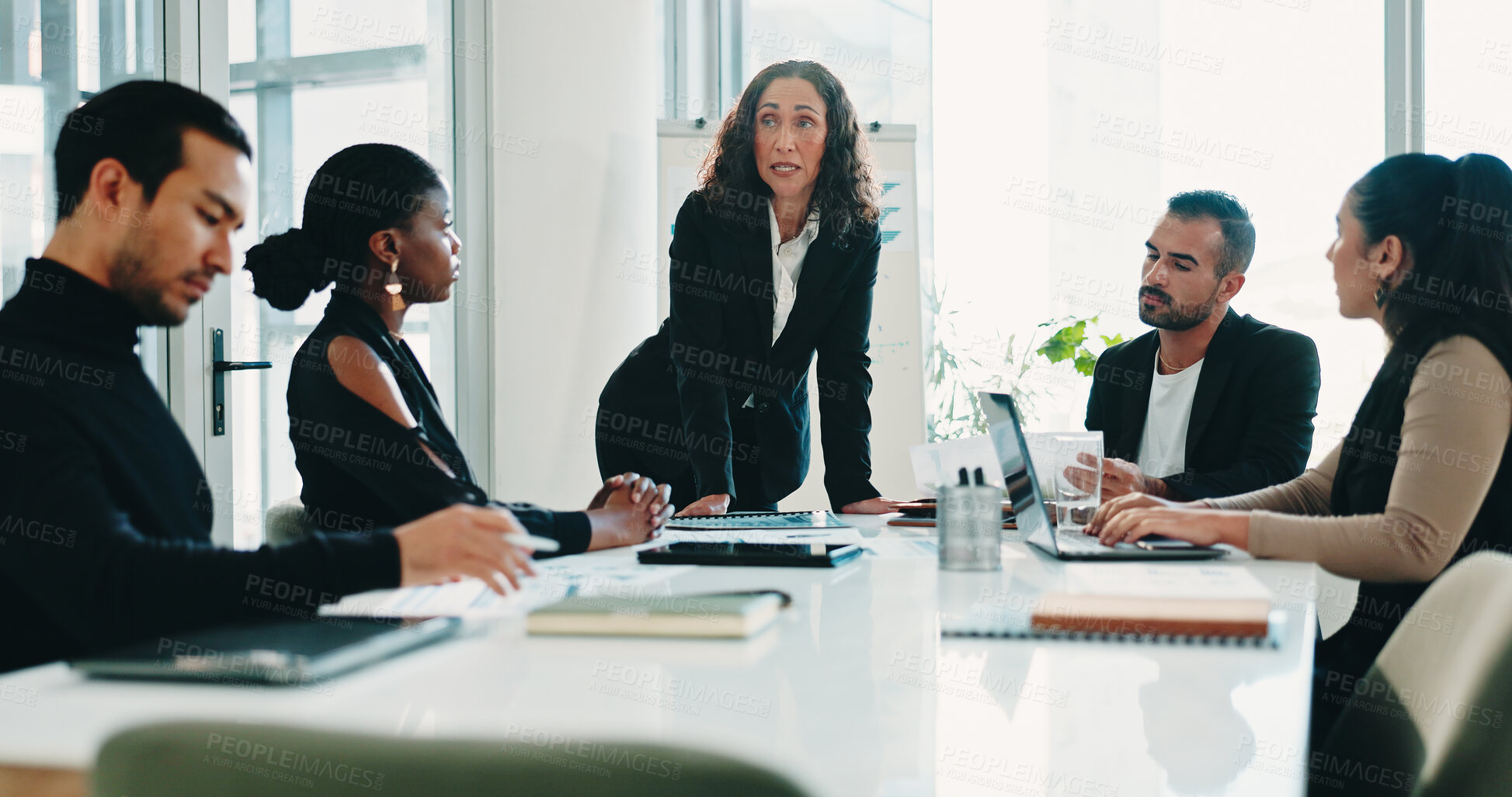 Buy stock photo Accounting, woman and business people with presentation, meeting and manager for discussion. Group, teamwork and communication with tech, growth strategy or project report for finance in office