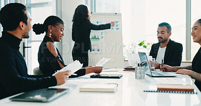 Buy stock photo Finance, meeting and presentation with business people in office boardroom of planning or review. Coaching, development and whiteboard with financial team in workshop together for wealth management