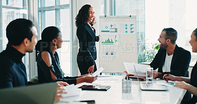 Buy stock photo Finance, meeting and whiteboard with business woman teaching colleagues in office boardroom. Coaching, development and presentation to review data charts with employee team in financial workshop