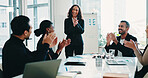 Presentation, applause and business people in office for meeting on company budget planning. Clapping hands, team and financial advisors with manager for positive feedback on investment in workplace.