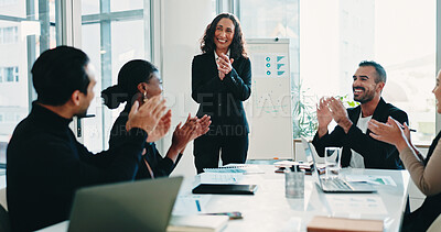 Buy stock photo Presentation, applause and business people in office for meeting on company budget planning. Clapping hands, team and financial advisors with manager for positive feedback on investment in workplace.