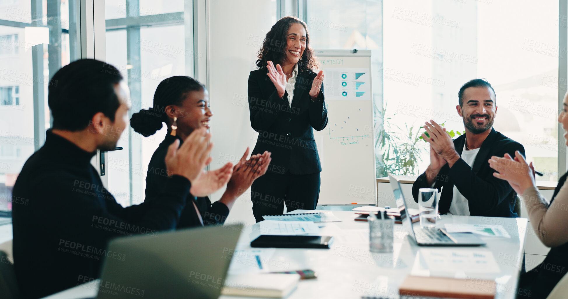 Buy stock photo Presentation, applause and business people in office for discussion on company budget planning. Clapping, team and financial advisors with manager for positive feedback on investment in workplace.