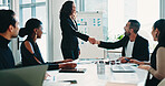 Business people, office and handshake for acquisition, deal or financial partnership at presentation. Smile, team and shaking hands for collaboration in company, b2b investment and corporate merger