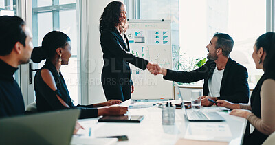 Buy stock photo Business people, office and handshake for acquisition, deal or financial partnership at presentation. Smile, team and shaking hands for collaboration in company, b2b investment and corporate merger