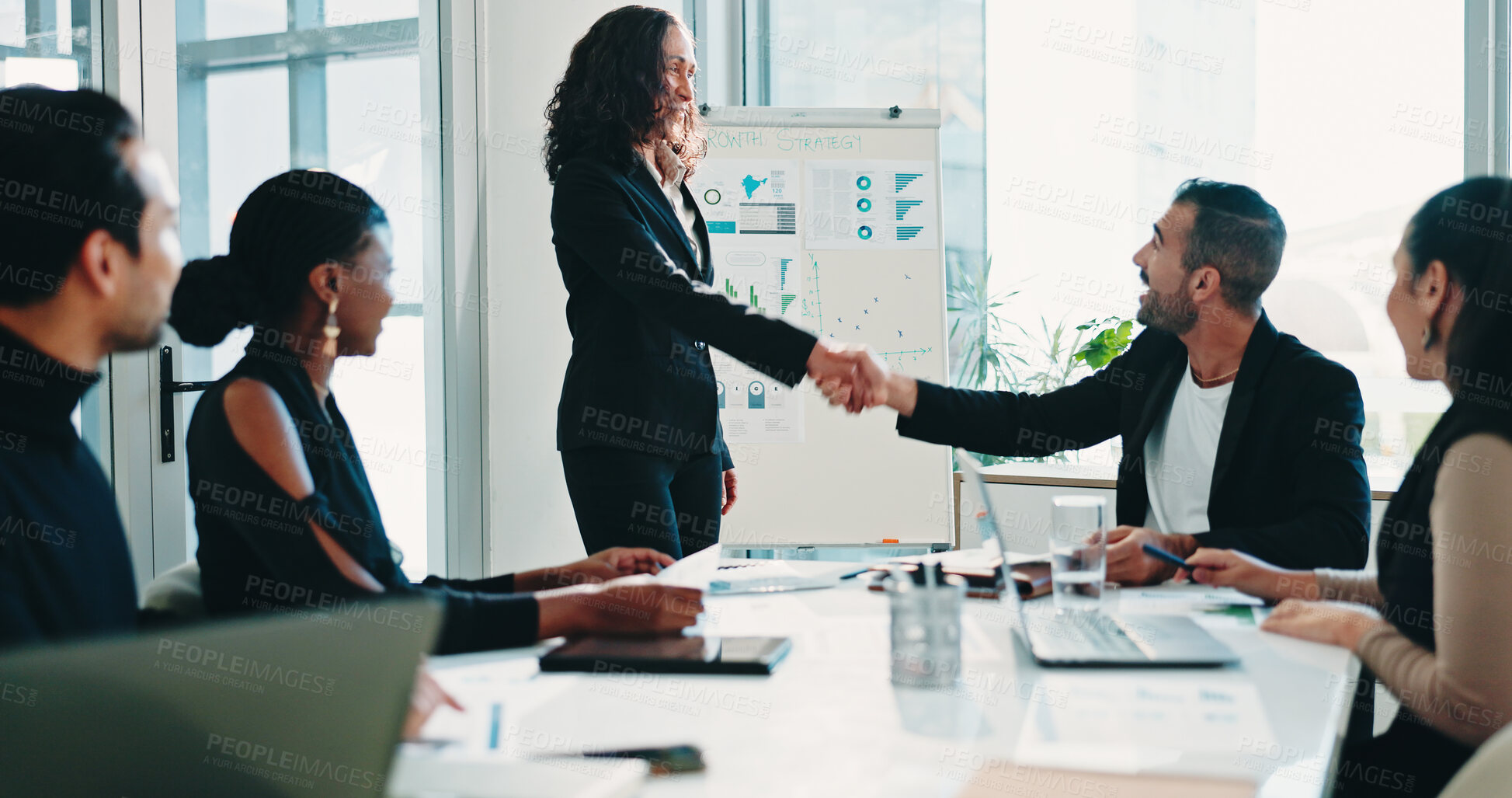 Buy stock photo Business people, office and handshake for acquisition, deal or financial partnership at presentation. Smile, team and shaking hands for collaboration in company, b2b investment and corporate merger
