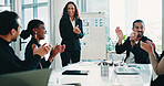 Presentation, clapping and business people in office for meeting on company budget planning. Applause, team and financial advisors with manager for positive feedback on investment in workplace.