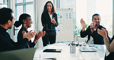 Buy stock photo Presentation, clapping and business people in office for meeting on company budget planning. Applause, team and financial advisors with manager for positive feedback on investment in workplace.