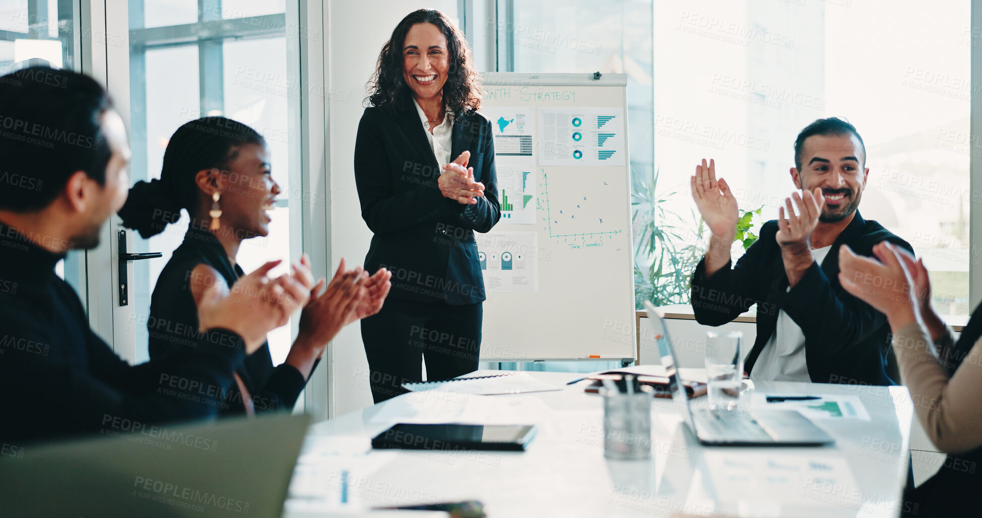 Buy stock photo Presentation, clapping and business people in office for meeting on company budget planning. Applause, team and financial advisors with manager for positive feedback on investment in workplace.