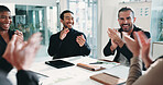 Happy, applause and business people in office for meeting on company budget planning. Clapping hands, team and financial advisors with manager for positive feedback on investment in workplace.