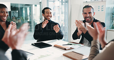 Buy stock photo Happy, applause and business people in office for meeting on company budget planning. Clapping hands, team and financial advisors with manager for positive feedback on investment in workplace.