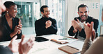 Celebration, applause and business people in office for meeting on company budget planning. Clapping hands, team and financial advisors with manager for positive feedback on investment in workplace.