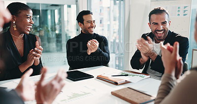 Buy stock photo Celebration, applause and business people in office for meeting on company budget planning. Clapping hands, team and financial advisors with manager for positive feedback on investment in workplace.