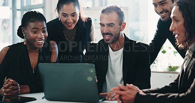 Buy stock photo Finance, laptop and meeting with business people in office together for collaboration or planning. Accounting, computer and conversation with employee team in financial workplace for risk management
