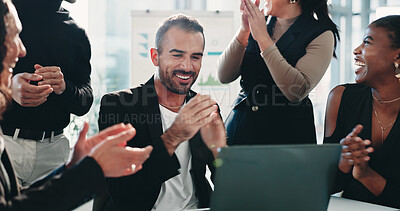 Buy stock photo Applause, finance and laptop with business people in office together for motivation or success. Accounting, celebration and computer with employee team clapping in financial workplace for target