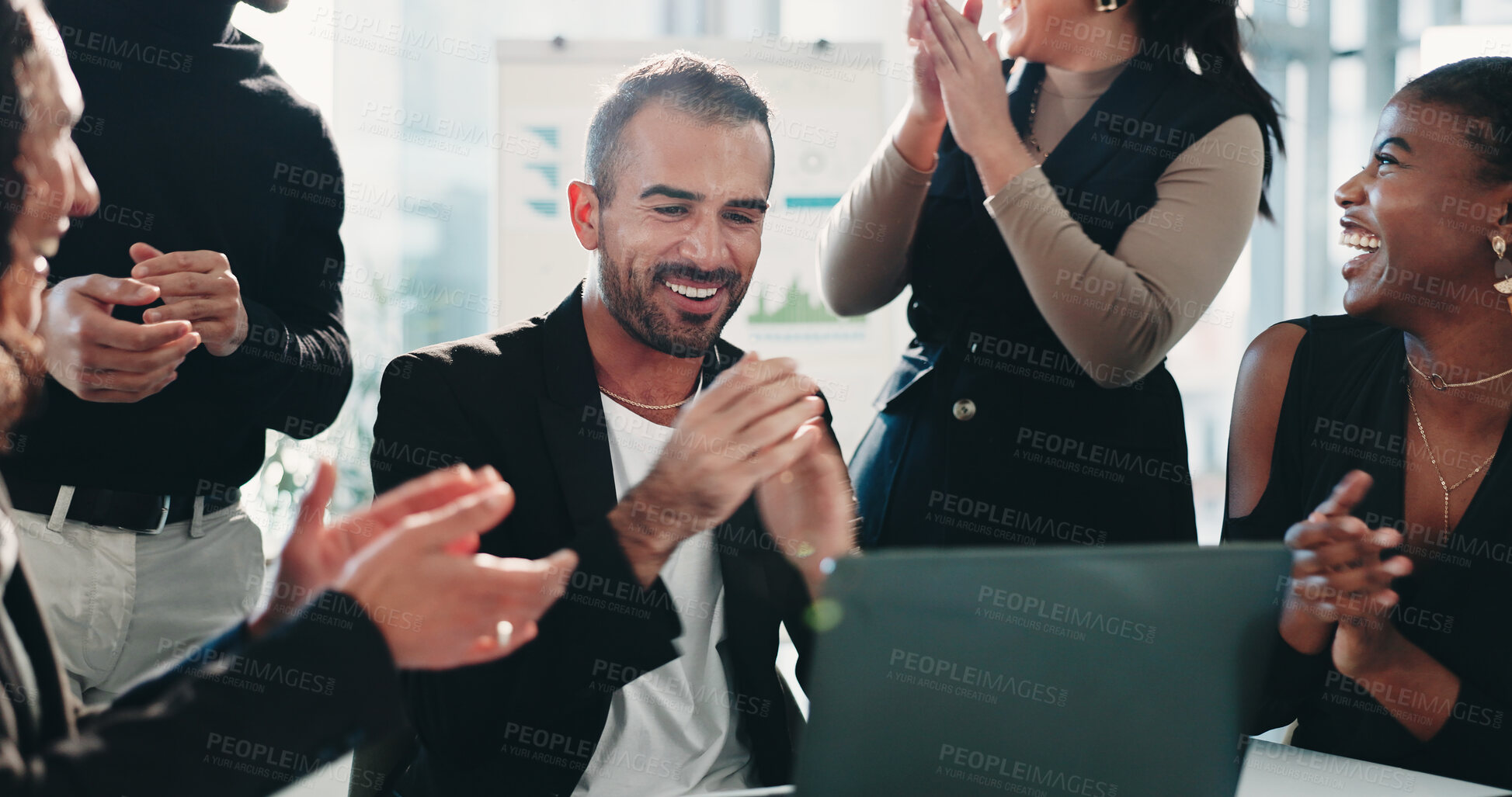 Buy stock photo Applause, finance and laptop with business people in office together for motivation or success. Accounting, celebration and computer with employee team clapping in financial workplace for target