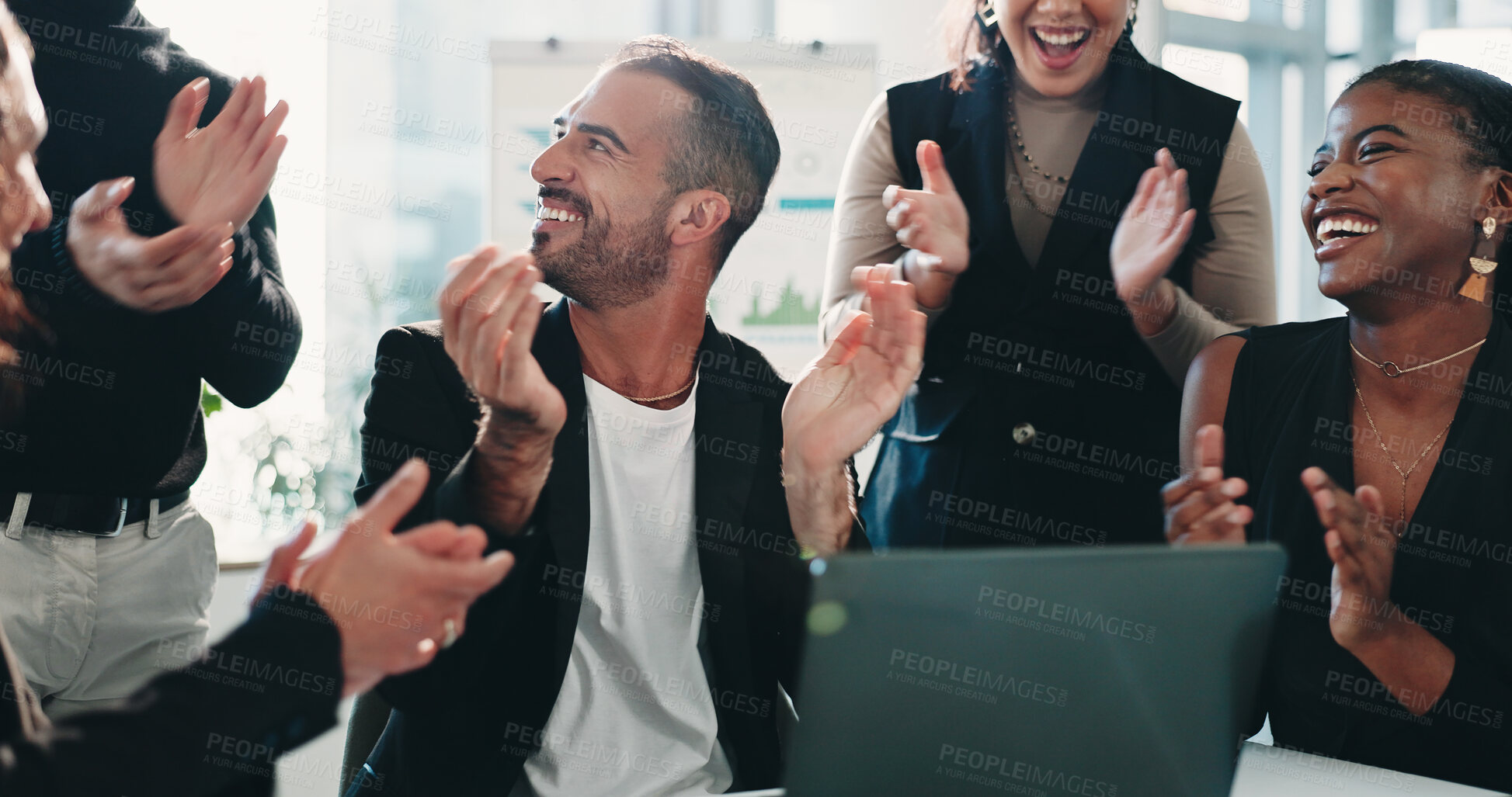 Buy stock photo Clapping, finance and laptop with business people in office together for motivation or success. Accounting, applause and computer with employee team in financial workplace for celebration of goals