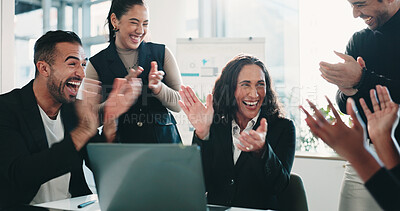 Buy stock photo Applause, laptop and success with financial people in office together for milestone or motivation. Business, computer and finance with employee team clapping in workplace for goals or target
