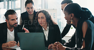 Buy stock photo Meeting, review or people in office with laptop, problem solving or funding idea in budget pitch. Team, manager or finance consultant with tech, director feedback or collaboration in investment plan

